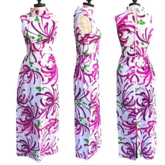 Vintage 60s Evelyn Margolis Hawaiian Floral Barkcloth Formal Maxi Dress XXS/XS - Picture 3 of 17